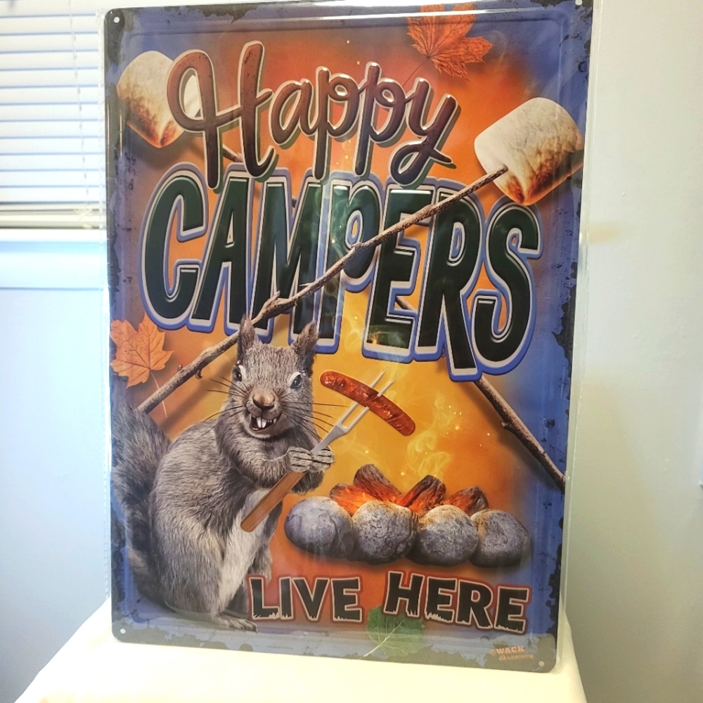 Happy Campers Live Here Novelty Hem Wrapped Embossed Metal Tin Poster
